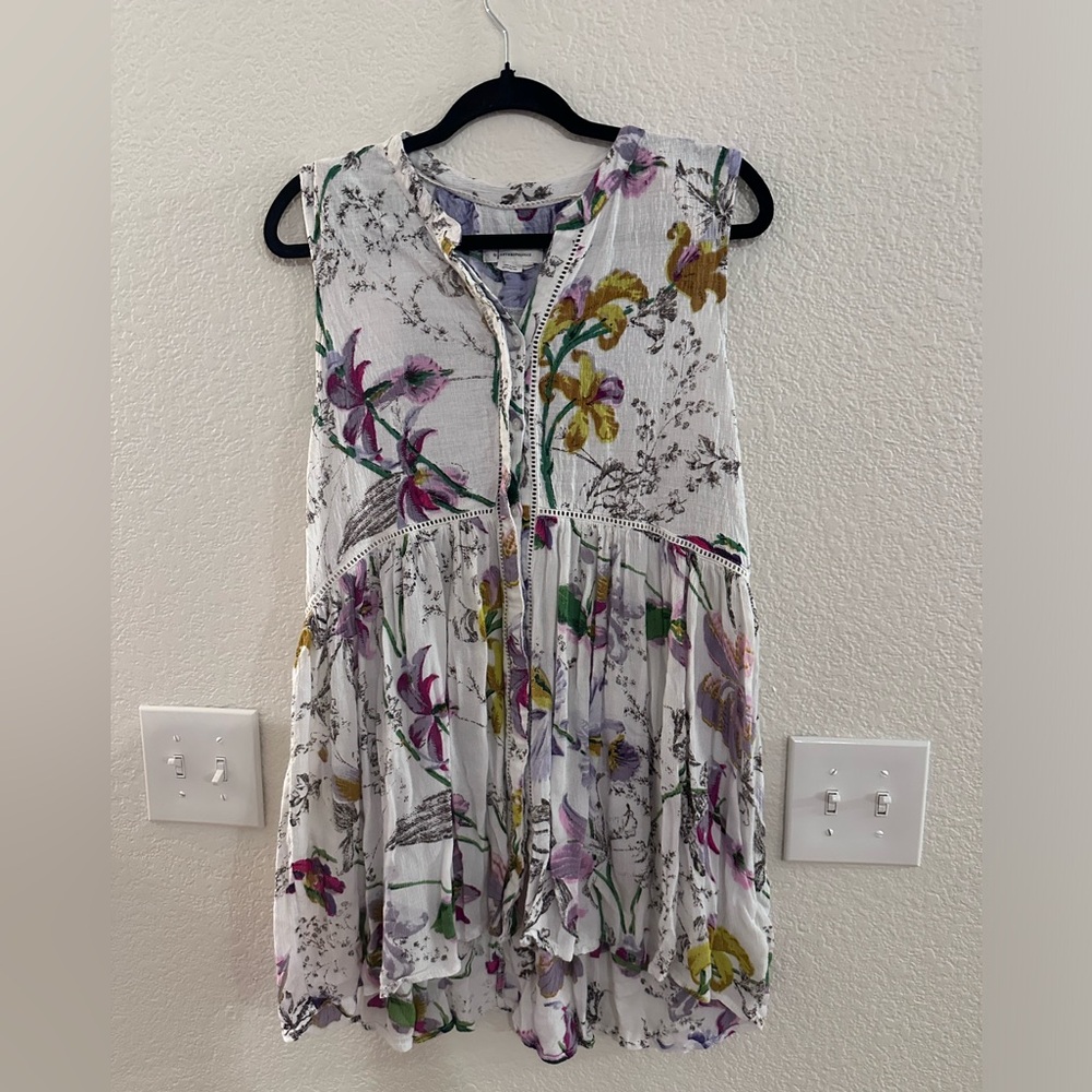 Anthropologie flowy mini dress with front button detail